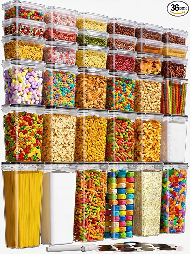 KEMETHY 36 PCS Airtight Food Storage Containers with Lids, Kitchen Pantry Organization and Storage, BPA-Free Plastic Scale Food Canisters for Cereal, Flour, Sugar, Dry Food, Include Labels & Marker