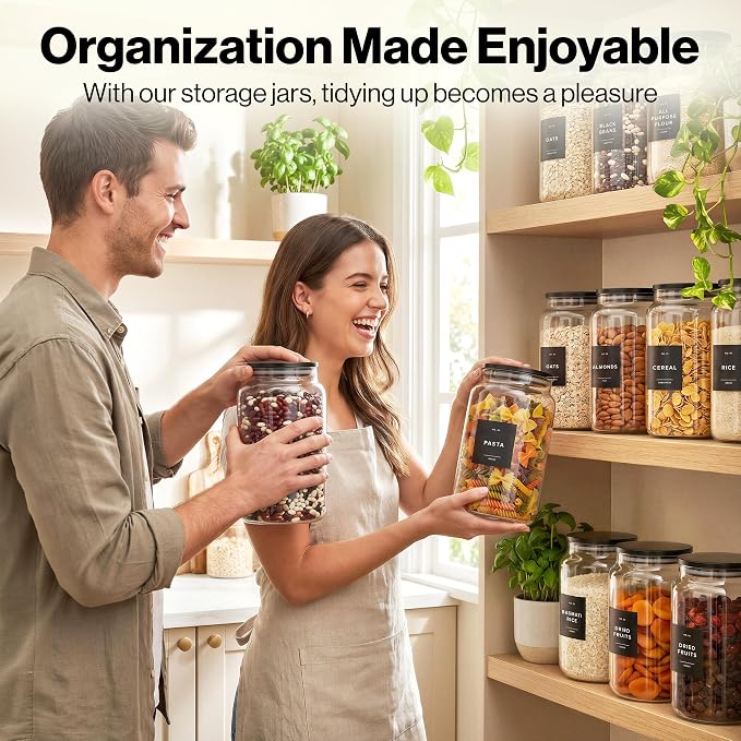 Glass Pantry Storage Jars Containers with Black Lids and Labels - Set of 2 | Extra Thick Round Glass Canisters with Black Lids and 63 Pre-printed Pantry Labels keeps dry Goods Fresh and Organized