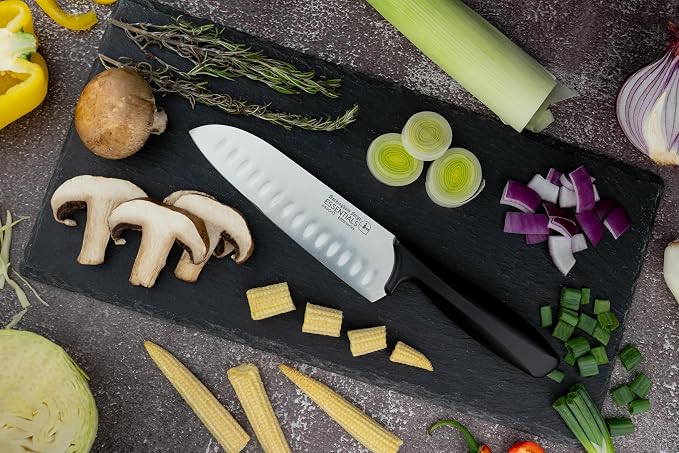 Rockingham Forge Essentials 8007 Range Lightweight Stainless Steel 7” Santoku Knife with Black Handle, Individually Carded