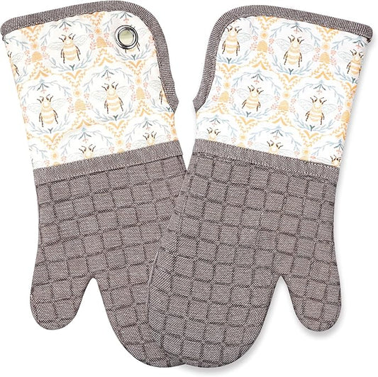 Silicone Printing Oven Mitts Heat Resistant to 500 Degree,Yarm-Dyed Oven Gloves with Animal Design Non-Slip for Kitchen Cooking Barbecue Baking and Machine Washable. (Khaki Oven Mitts)