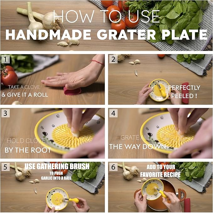 Ceramic Garlic Grater Plate Set – Handmade 4-Piece Press & Natural Grinder for Ginger, Cheese & Spices – Decorative Hand Dish (Green)