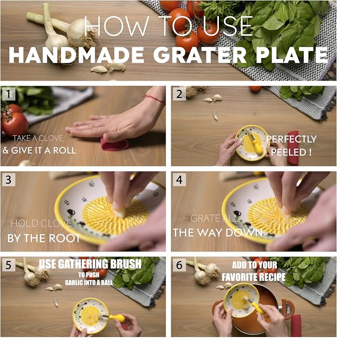 Ceramic Garlic Grater Plate - Handmade 4 Pcs Press - Natural Grinder - Decorative Mincer - Ginger, Cheese Grater - Hand Dish for Garlic (Blue)