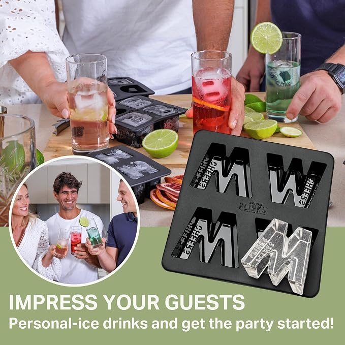 DRINKSPLINKS Custom Letter M Ice Cube Molds. Monogram Ice Cube Mold with Initials. Large Monogrammed Silicone Trays for Bourbon, Whiskey and Cocktails. Fun, Customized Gifts for Men and Women.