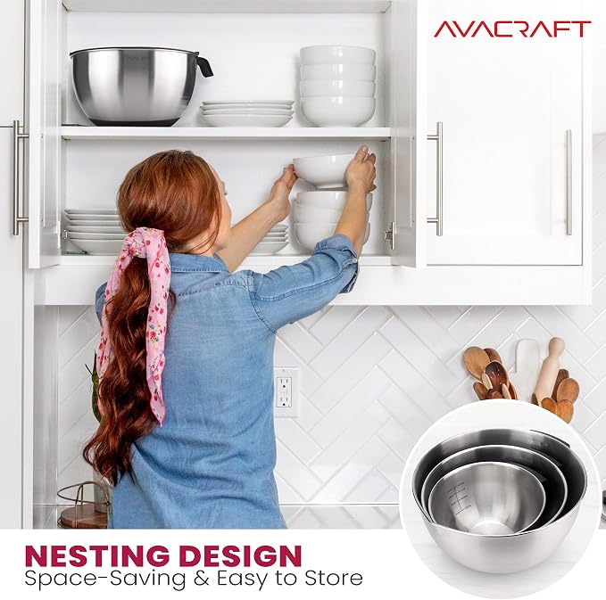 AVACRAFT 18/10 Stainless Steel Mixing Bowl Set with Lids, Black | Non-Slip Silicone Base, Ergonomic Handles, Pour Spouts, Interior Measurement Marks, Nesting Design, Dishwasher Safe