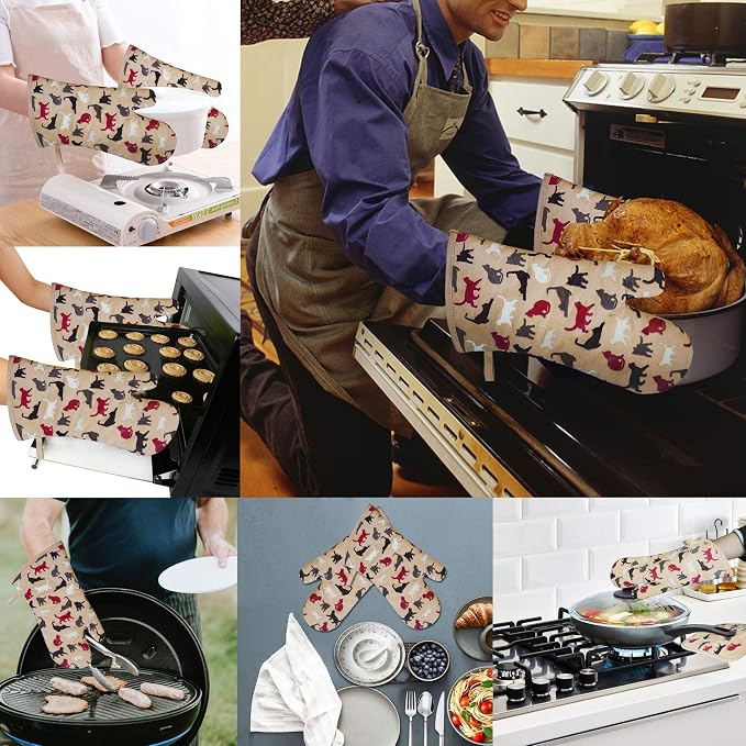Oven Mitts Gloves 1 Pair Heat Resistant 480 ℉ Non Slip Clear Silicone Printed Comfortable Cotton Lining Kitchen Women Men Cooking Barbecue Microwave Machine Washable (Cat, Khaki Mittens)