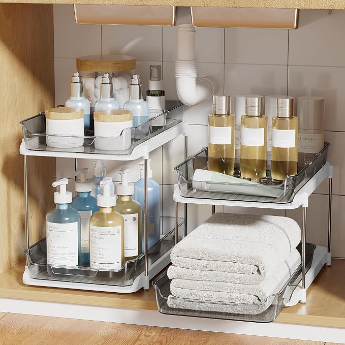 Delamu 2-Tier Multi-Purpose Bathroom Under Sink Organizers and Storage, Stackable Kitchen Pantry Organization, Pull Out Medicine Cabinet Organizer with Movable Dividers, Black, 2 Pack
