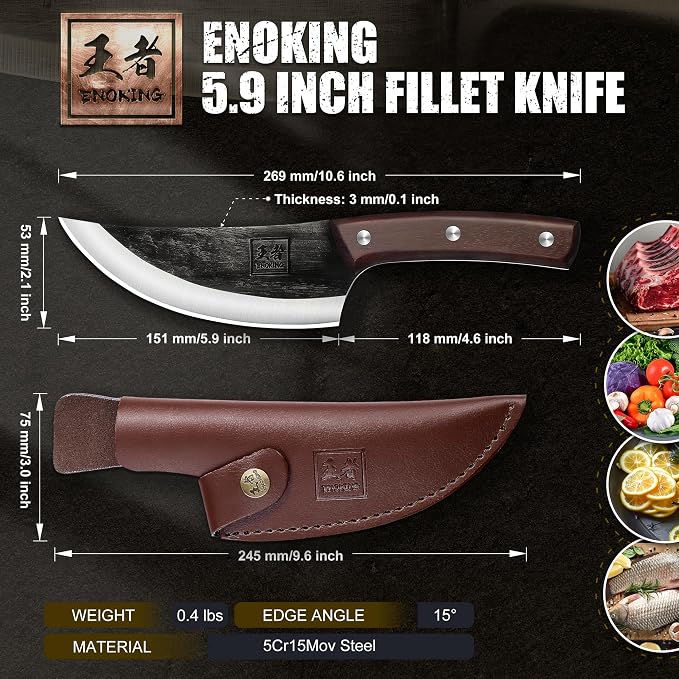 ENOKING Mini Viking Knife, 5.9 Inch Japanese Chef Butcher Knife, Meat Cutting with Sheath Hand Forged, Full Tang Meat Cleaver for Home Kitchen & Outdoor