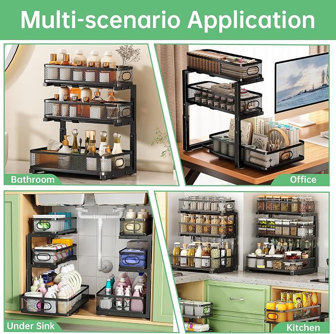 2-Pack 3-Tier Under Sink Organizer, Slide Out Cabinet Storage, Kitchen/Bath | 2-Pack Value Set, Height Adjustable, Carbon Steel Holds 60 lbs Each, Fits Kitchen & Bathroom Vanity Simultaneously