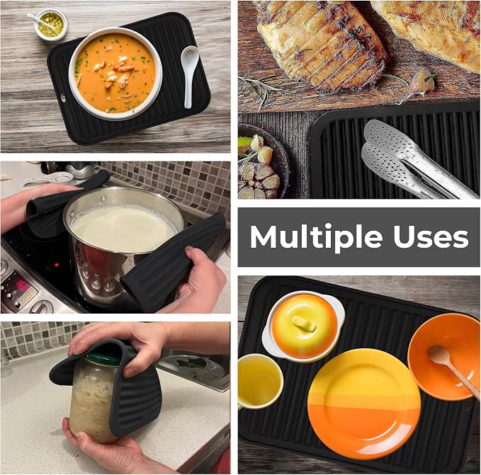 Silicone Trivets for Hot Dishes, Pots, Pans (2 Pack) - Heat-Resistant Pot Holders for Kitchen Countertop Mats - Silicone Trivet Mat (9 x 12 Inch) - Multipurpose Counter Pads (Black)