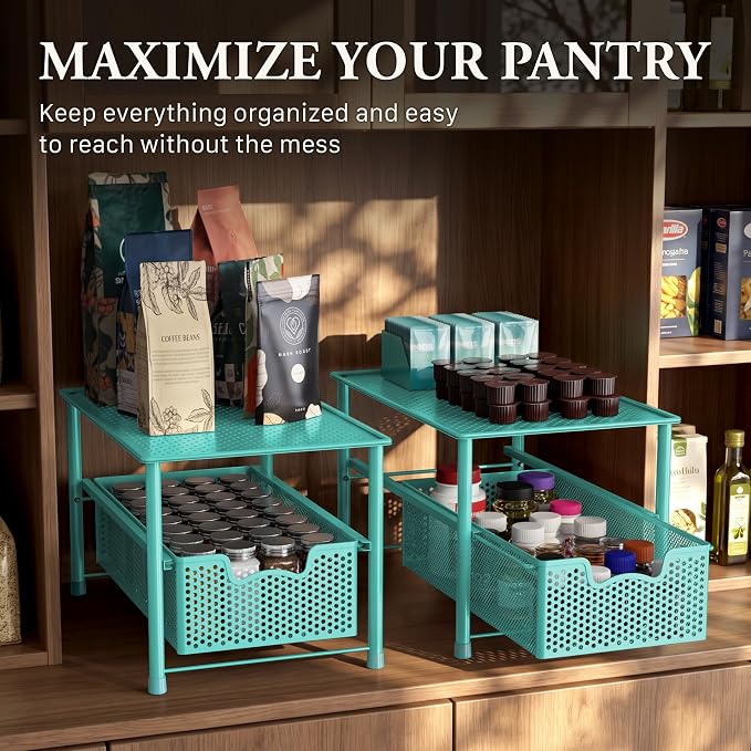 Simple Houseware Stackable Under Sink Sliding Basket Drawer, Turquoise | Perforated Free Standing Organizer, Kitchen/Pantry/Cabinet/Counter