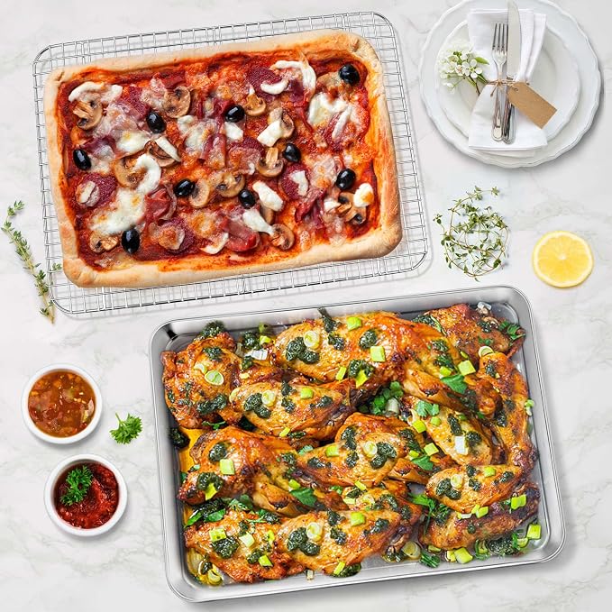 P&P CHEF 16 Inch Baking Sheet Pan and Cooking Rack - 2 Pieces | 1x Cookie Sheet + 1x Grid Rack, Stainless Steel Oven Tray with Wire Rack for Oven Baking, Healthy & Sturdy & Easy to Clean