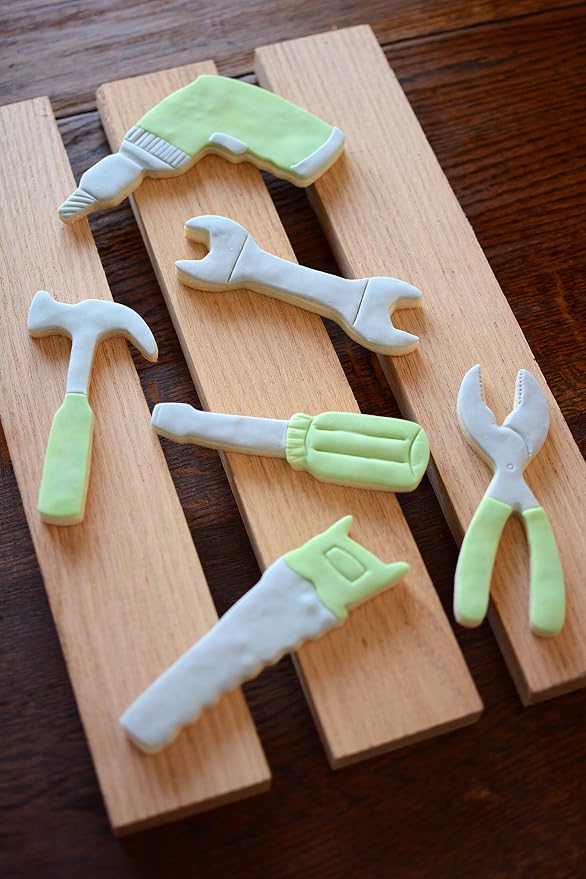 R&M Construction Tool Cookie Cutter Set, 6 Pieces Includes Hammer, Wrench, Screwdriver, Drill, Saw, Plyer Cookie Cutters, Silver
