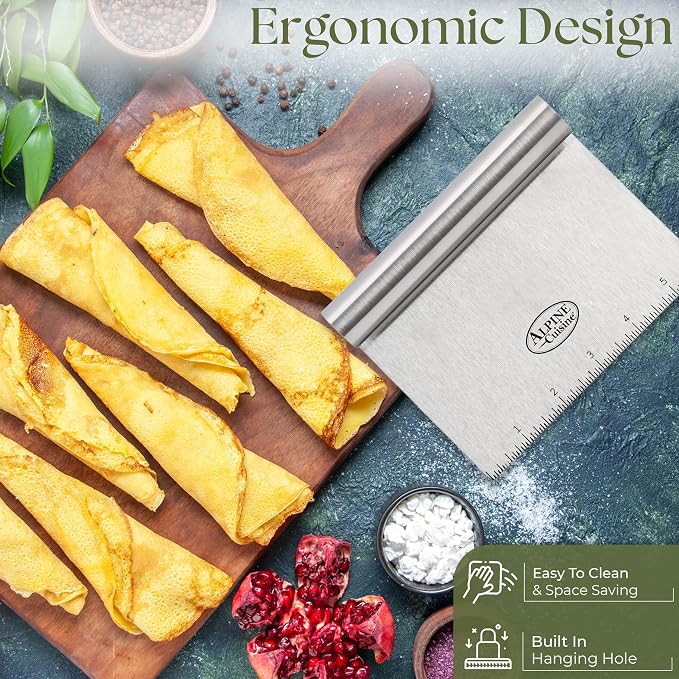 Alpine Cuisine Stainless Steel Dough Scraper with Comfortable Handle - Heavy Duty Dough Cutter Spatula with Measuring Markings - Multipurpose Food Scraper for Pastry, Pizza, Cake, & Bread