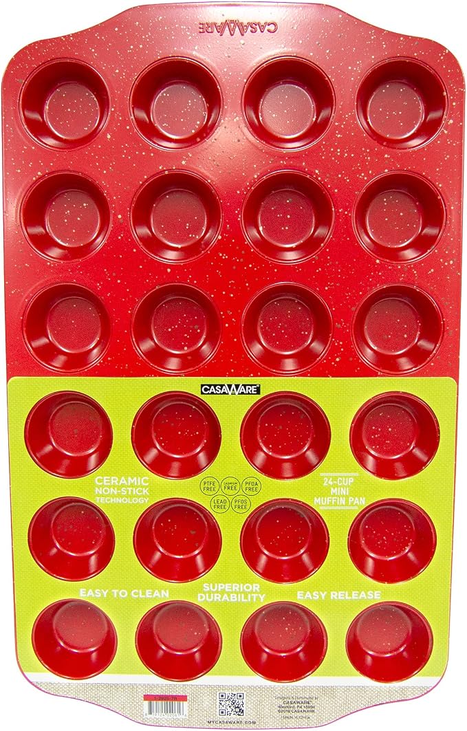 casaWare Mini Muffin Pan 24 Cup Ceramic Coated Non-Stick (Red Granite)