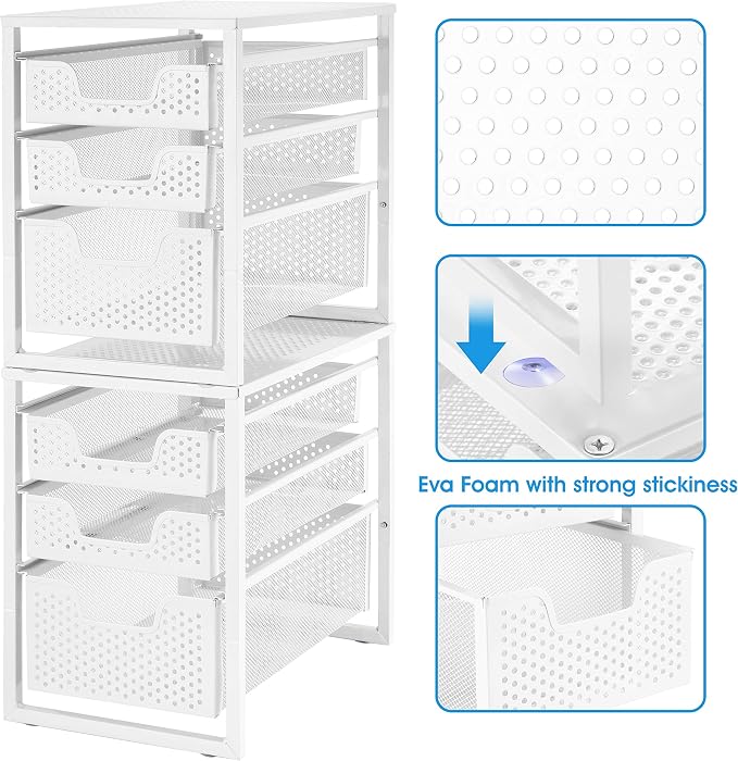 Simple Trending Under Sink Organizer 3-Tier with Sliding Storage Drawer | Multi-Purpose Desktop Organizer, Metal Cabinet Organizer for Kitchen Bathroom Office, Stackbale, Space Saving, White