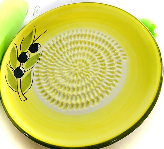 BonCera, All-in-one Premium Ceramic Garlic Grater Plate 4-Piece Set - Yellow Olive Design, Classic Style - For Garlic, Ginger, Chocolate, and more! - Comes with 5.25" Plate, Peeler, Brush, and Stand