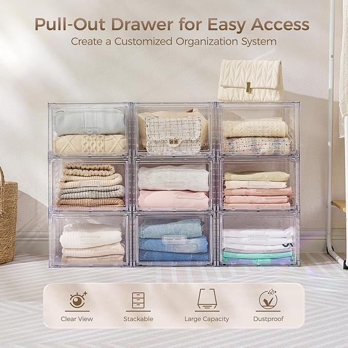Vtopmart 4 Pack Clear Stackable Closet Storage Drawers 15QT, Medium | Easily Assemble Closet Organizers,Plastic Storage Bins for Bathroom,Cabinet,Kitchen Pantry,Under Sink Organization