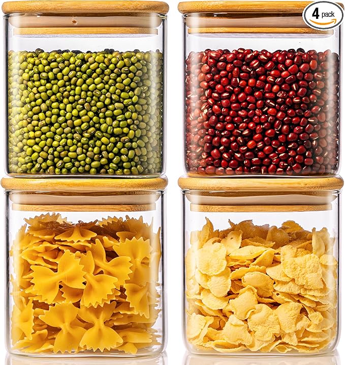 27oz Square Glass Food Storage Containers with Airtight Bamboo Lids, 4 Pack | Pantry Jars for Flour, Sugar, Pasta & Spices, Durable Borosilicate Glass Canister Keep Food Dry & Fresh, Easy to Fill & Clean