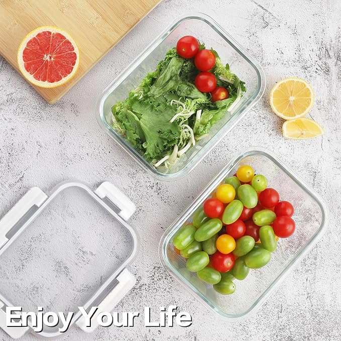 8-Pack 36oz Large Glass Meal Prep Containers with Leakproof Snap-Lock Lids | Borosilicate Glass Food Storage Containers and Bento Boxes , BPA-Free, Oven, Freezer and Dishwasher Safe-White
