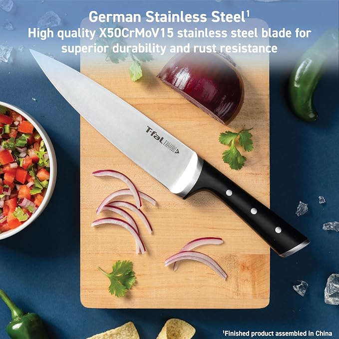 T-Fal Ice Force German Stainless Steel Steak Knife Set 4 Piece, Long Lasting Sharpness, High Cutting Precision, Superior Durability, Ultra Sharp Blades, Cookware Kitchen Knife, Cook Tool, BBQ, Black‌