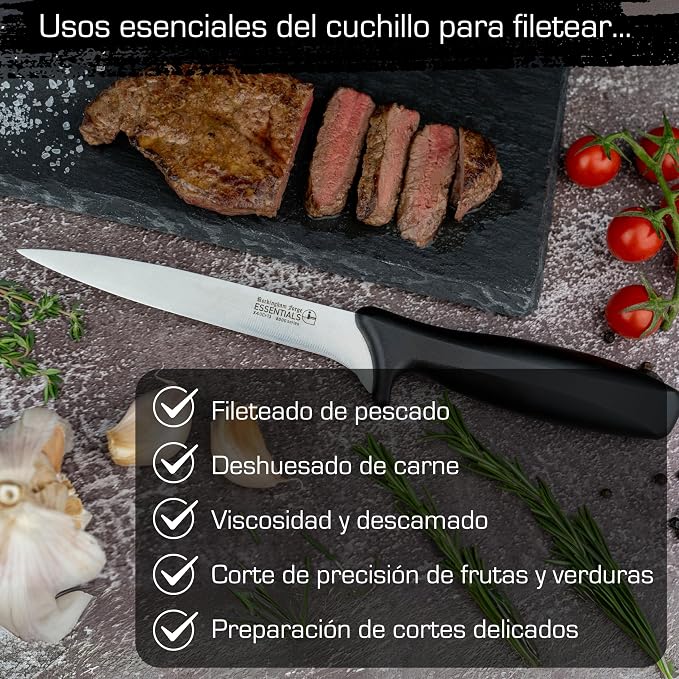 Rockingham Forge Essentials 8007 Range Lightweight Stainless Steel 6” Filleting Knife with Black Handle, Individually Carded