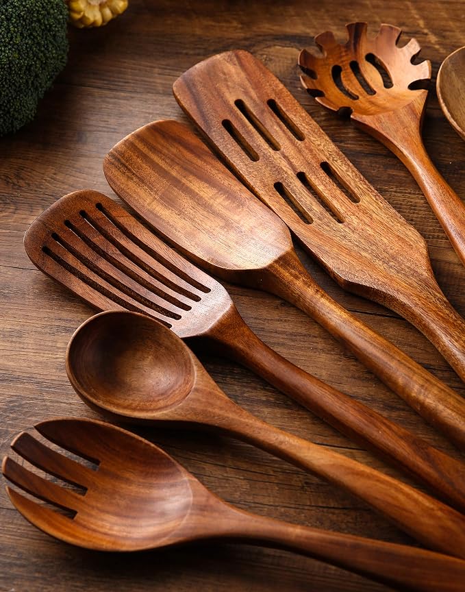 Wooden Kitchen Utensils Set, 11 Pcs Teak Wood Cooking Utensils Spoons Spatulas Spurtles Kit Non-stick Natural Kitchen Tools for Cooking