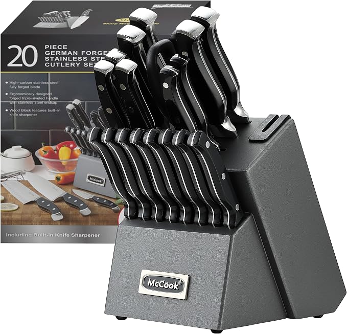 McCook® Knife Sets,German Stainless Steel Kitchen Knife Block Set with Built-in Sharpener, 20-Piece Razor-Sharp Kitchen Knives, Forged Triple Rivet,Full Tang,Ergonomic Handle,Elegant Box for Gift