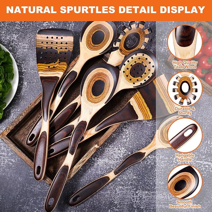 Kitchen 7Pcs Pakkawood Utensils Set, Wooden Cookware Sets | Wooden Spoons for Cooking, Easy to Clean, Eco-Friendly, Non-Stick, Non Toxic, Comfort Grip, Housewarming Kitchen Gifts