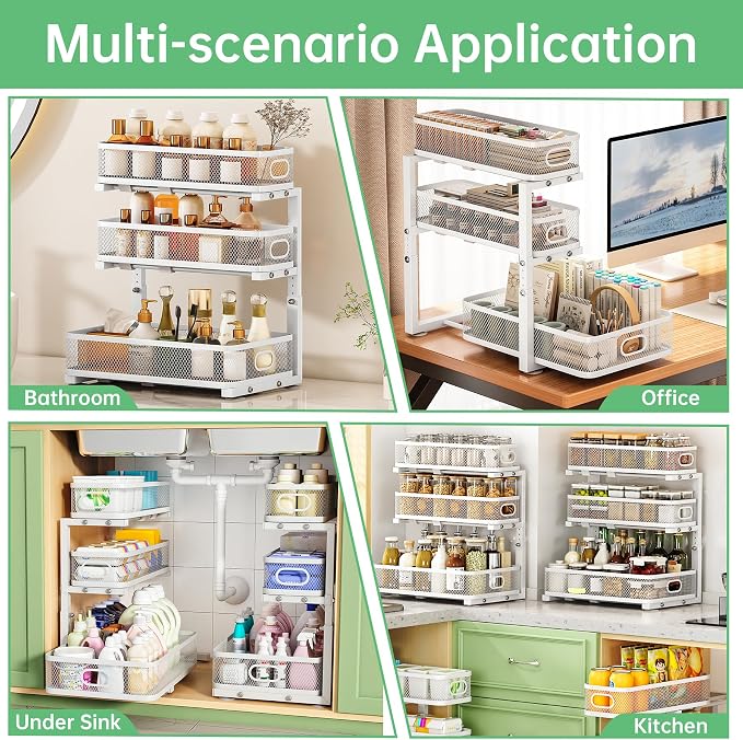 2-Pack 3-Tier Under Sink Organizer, Slide Out Cabinet Storage, Kitchen/Bath | 2-Pack Value Set, Height Adjustable, Carbon Steel Holds 60 lbs Each, Fits Kitchen & Bathroom Vanity Simultaneously
