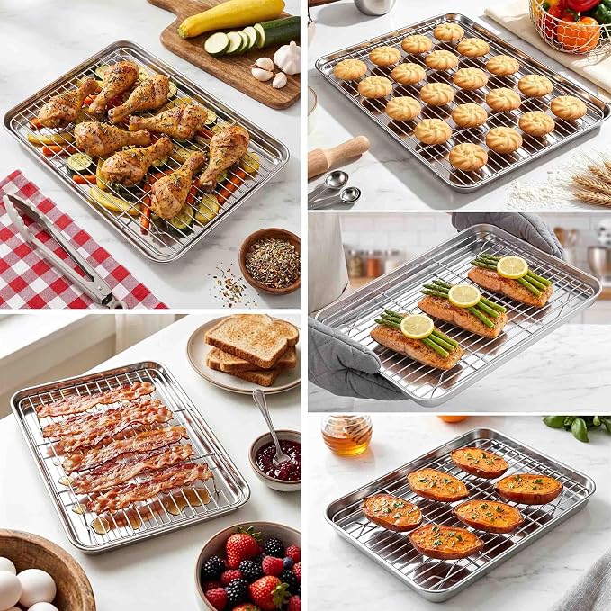 Homikit Baking Sheet with Wire Rack Set (4 Pans + 4 Racks), 16/12/10/9 Inch | Stainless Steel Sheet Pans with Cooling Racks for Oven, Heavy Duty Metal Cookie Bacon Baking Trays Non Toxic, Dishwasher Safe