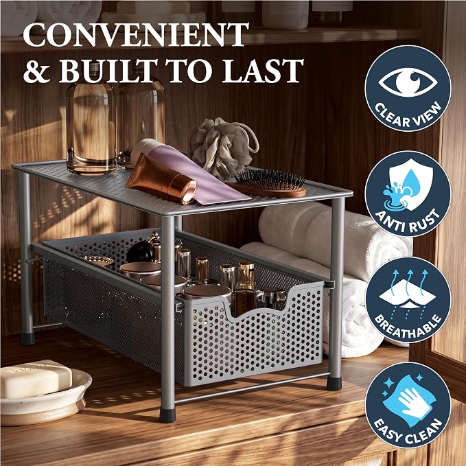 Simple Houseware Stackable Under Sink Sliding Basket Drawer, Silver | Perforated Free Standing Organizer, Kitchen/Pantry/Cabinet/Counter