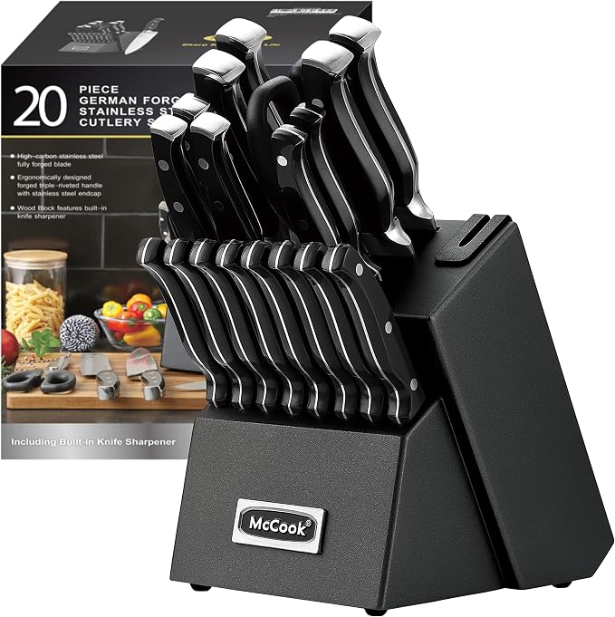 McCook® Knife Sets,German Stainless Steel Kitchen Knife Block Set with Built-in Sharpener, 20-Piece Razor-Sharp Kitchen Knives, Forged Triple Rivet,Full Tang,Ergonomic Handle,Elegant Box for Gift