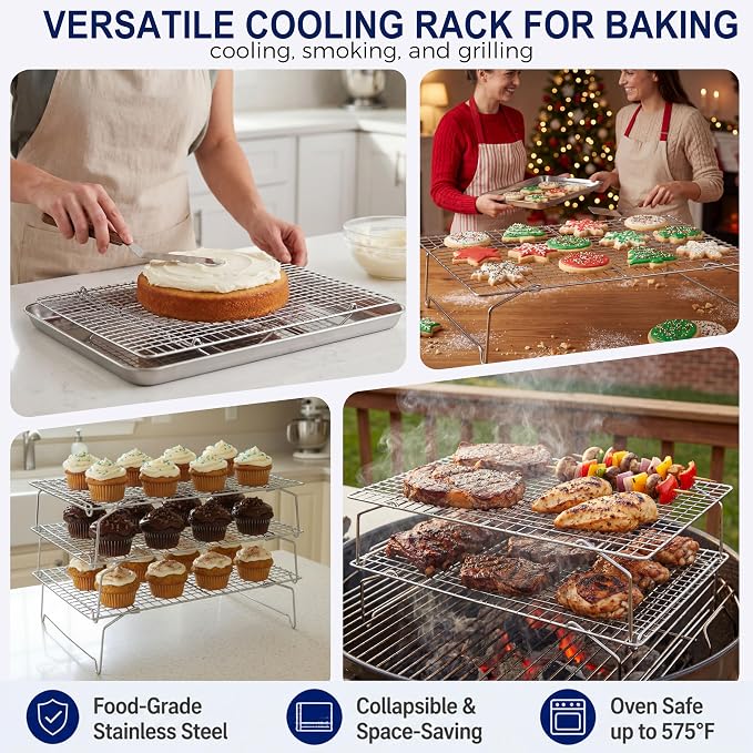 E-far Cooling Rack 15”x10”, 3-Tier Collapsible for Cooking and Baking | Tight-Wire Stainless Steel Cookie Rack for Baking Sheet, Oven, Roasting, Stackable & Space Saving, Dishwasher Safe