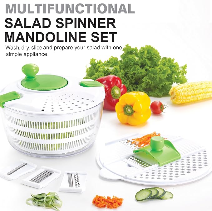 Huji Multifunctional Large Salad Spinner (4 Quarts) and Mandoline Set – 5 Blade Slicer, Drainer, Tosser, Vegetable Dryer with a Pouring Spout