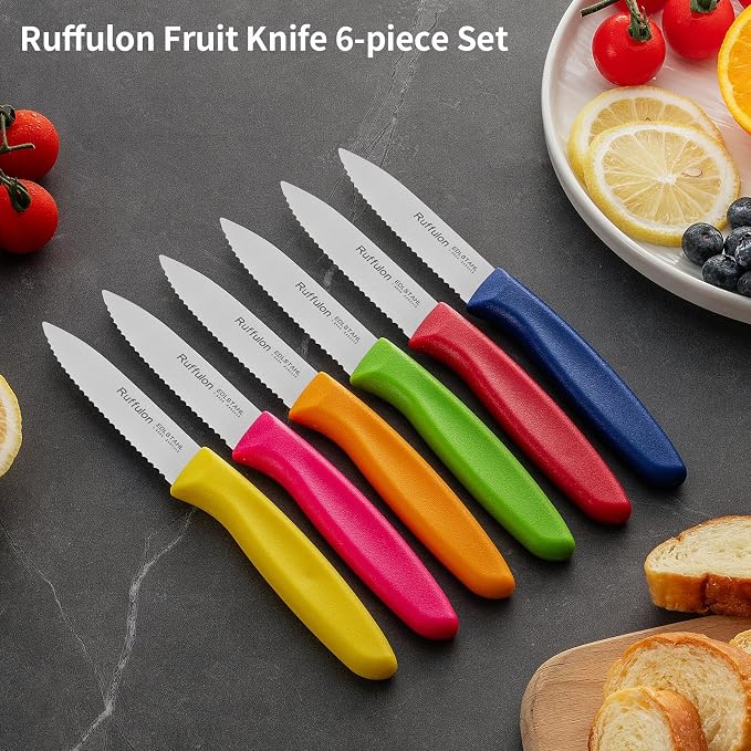 Stainless Steel Paring Knife With Serrated Blade, 6 Pieces Set Vegetable and Fruit Knife, Ultra Sharp Small Kitchen Knife, Colorful Paring Knifves with PP Plastic Ergonomic Handle.