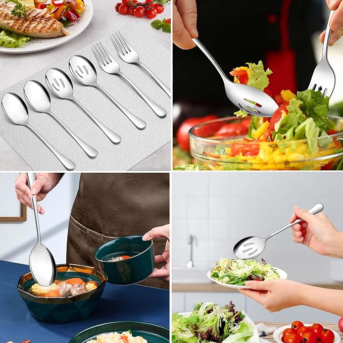 Homikit 6-Piece Serving Spoons Forks Set, Stainless Steel Serving Utensils Metal Hostess Set for Catering Buffet Banquet Party Kitchen Restaurant, 8.7 Inch, Mirror Polish, Dishwasher Safe