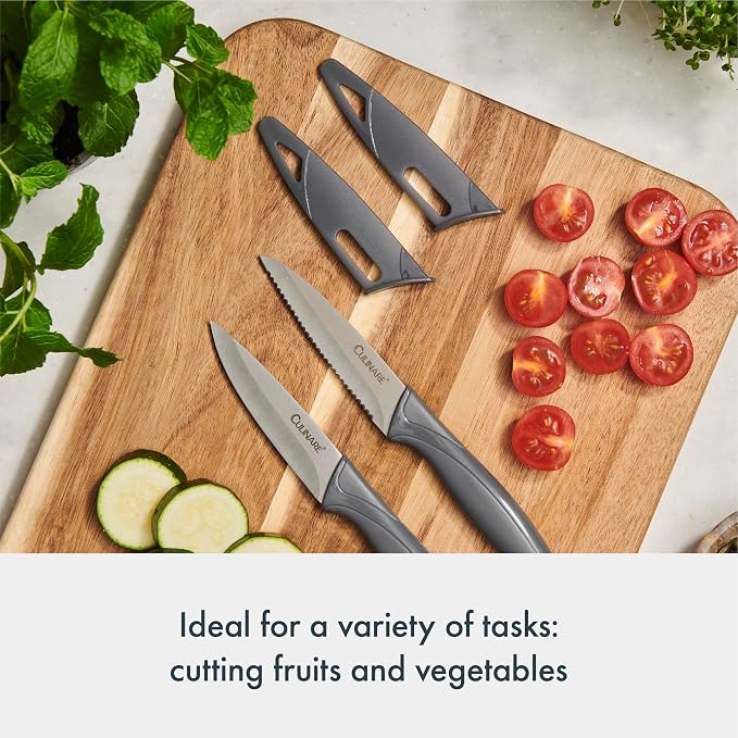 CULINARE 2 Piece Knife Set, Grey, Stainless Steel, 9cm Ultra Sharp Blades, 2 x Kitchen Knives with Protection Covers, Smooth Cutting/Firm Grip/Non-Slip Handle, Dishwasher Safe
