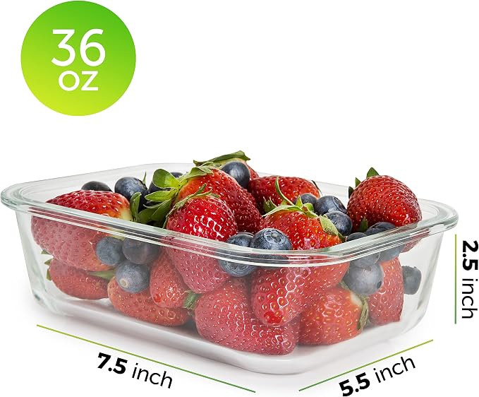 Prep Naturals 5 Pack 36oz Glass Meal Prep Containers - 1 Compartment | Square Borosilicate Glass Meal Prep Containers - Airtight Leak-Resistant Lids, Microwave, Oven & Freezer Safe (5-Pack, 36 oz)