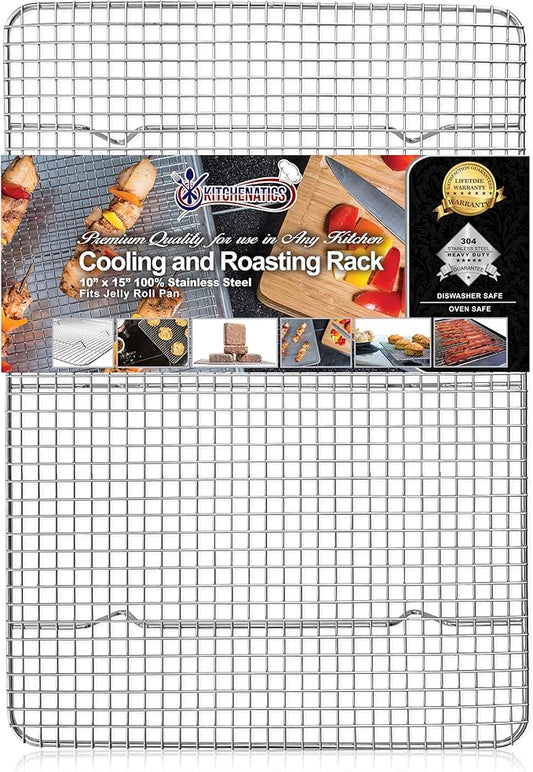 KITCHENATICS Jelly Roll Cooling Rack Stainless Steel Oven Safe 10x15 Inches | Fits a standard 10x15 jelly roll pan for grilling, broiling and draining grease while cooking