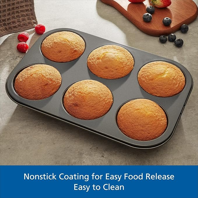 6 Cup Jumbo Muffin Pan, Non-Stick Carbon Steel Bakeware, Gray, 12.6x8.58x1.81 Inch, Even Heating, Dishwasher Safe