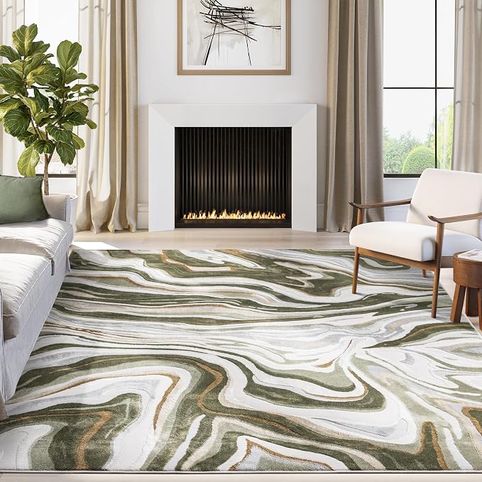 Abani Green Intertwined Lines Area Rug – 6' x 9' – Contemporary Swirl Design – Regal Collection – Washable, Easy to Clean – Durable for High Traffic Areas – Living Room, Bedroom & Office