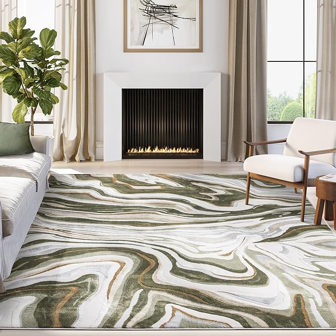 Abani Green Intertwined Lines Area Rug – 5' x 8' – Contemporary Swirl Design – Regal Collection – Washable, Easy to Clean – Durable for High Traffic Areas – Living Room, Bedroom & Office
