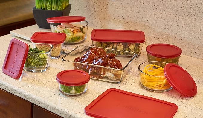 Anchor Hocking Classic Glass Food Storage Containers with Lids, Red, 16-Piece Set