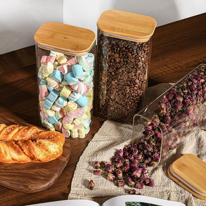 D2scrma 64oz Rectangle Airtight Glass Storage Containers with Bamboo Lids (Set of 3), Square Food Storage Jar, Pantry Organizers for Cereal, Flour, Pasta and Coffee beans (‎with Black Lable)