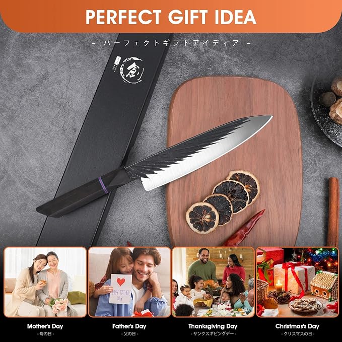 ROCOCO Japanese Chef Santoku Knife - Hand Forged Sharp Cooking Knives Meat Cleaver Professional for Home Kitchen 7.5" Father Mother Birthday Christmas Gift