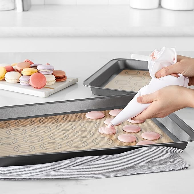 Amazon Basics Silicone Baking Mat for Macarons, Non-Stick, Food Safe, Reusable, Oven-Safe, 16.5" x 11.6", Beige/Gray, 2-Pack
