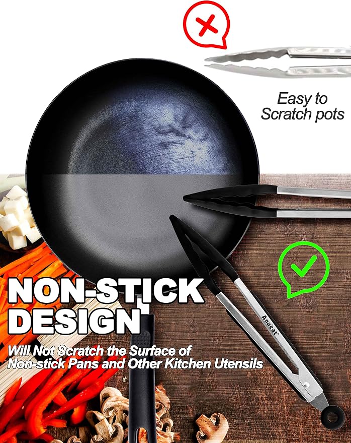 Anaeat Non-Stick Silicone Locking Tong - Stainless Steel 12" Kitchen Food Tongs with Non-Slip Silicone Tips and Grip for Cooking, Baking and BBQ - Heat Resistant up to 480°F (Black)