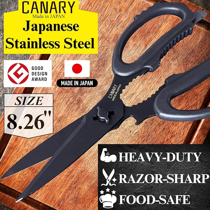 CANARY Japanese Kitchen Scissors All Purpose Heavy Duty 8.2" Matte Black, Made in JAPAN, Dishwasher Safe Come Apart Blade, Multipurpose Kitchen Shears, Sharp Serrated Japanese Stainless Steel Blade