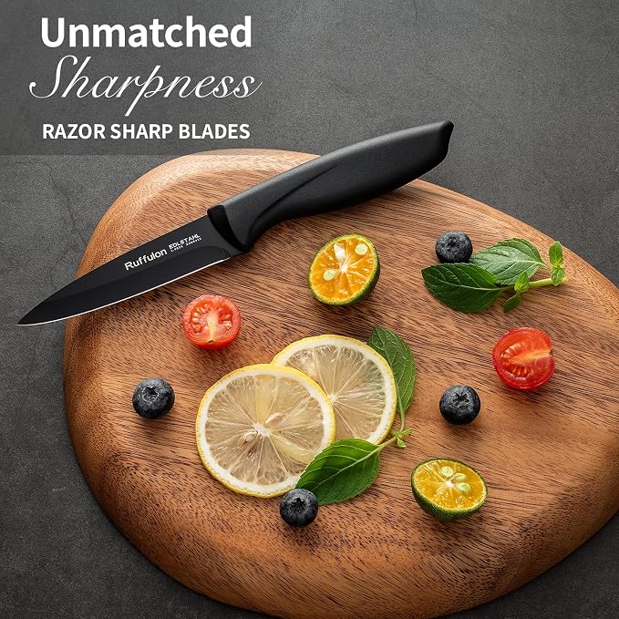 4-Piece Fruit Knife Set 7.88-inch stainless steel paring knife Straight blade with pointed tip design PP plastic ergonomic handle Specifically designed for cutting fruits and vegetables,Black.