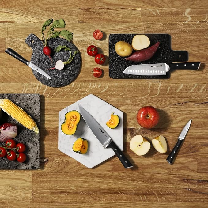 Tefal Wooden Knife Block 5pc Set- Ice Force Knives, German Stainless Steel & Premium Design - Bread 20 cm | Chef 20 cm | Santoku 18 cm | Utility 11 cm | Paring 9 cm - K232S574